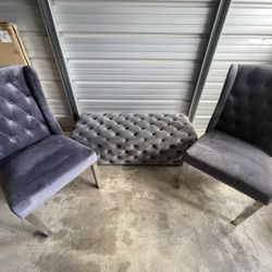 3pc Set 2 Grey Tufted Chairs And Bench