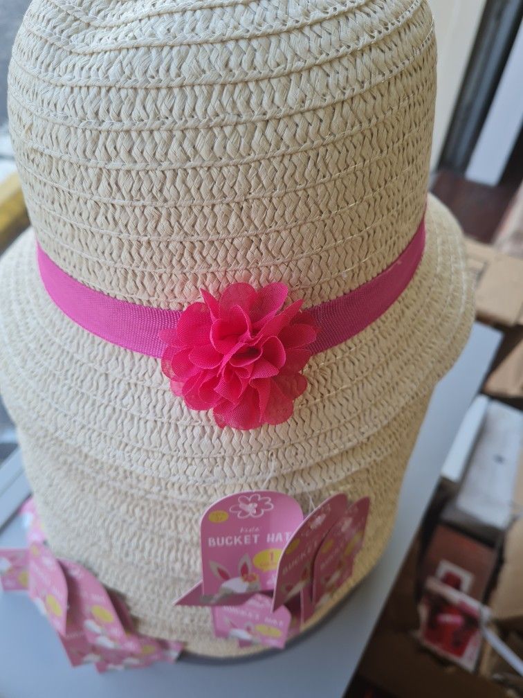 HAT. GIRLS EASTER BUCKET HAT / BUNNET SPRING DRESSED UP WITH RIBBON  ( PACK OF 6 )