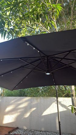 Large Blue Outdoor Patio Umbrella with Lights