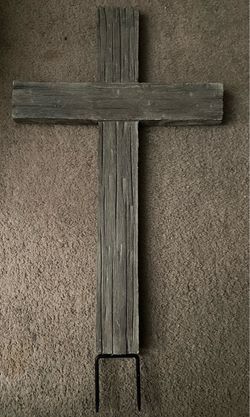 Rustic Wooden Cross with Metal Stake tombstone, Halloween prop