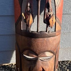 Large African Carved Wood Mask Wall Sculpture w/ Warrior Figures – 32.5″ Tall