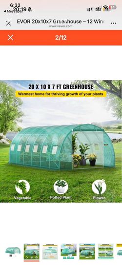 Walk-in Tunnel Greenhouse, 20 x 10 x 7 ft Portable Plant Hot House with Galvanized Steel Hoops, 3 Top Beams, Diagonal Poles, 2 Zippered Doors & 12 Rol