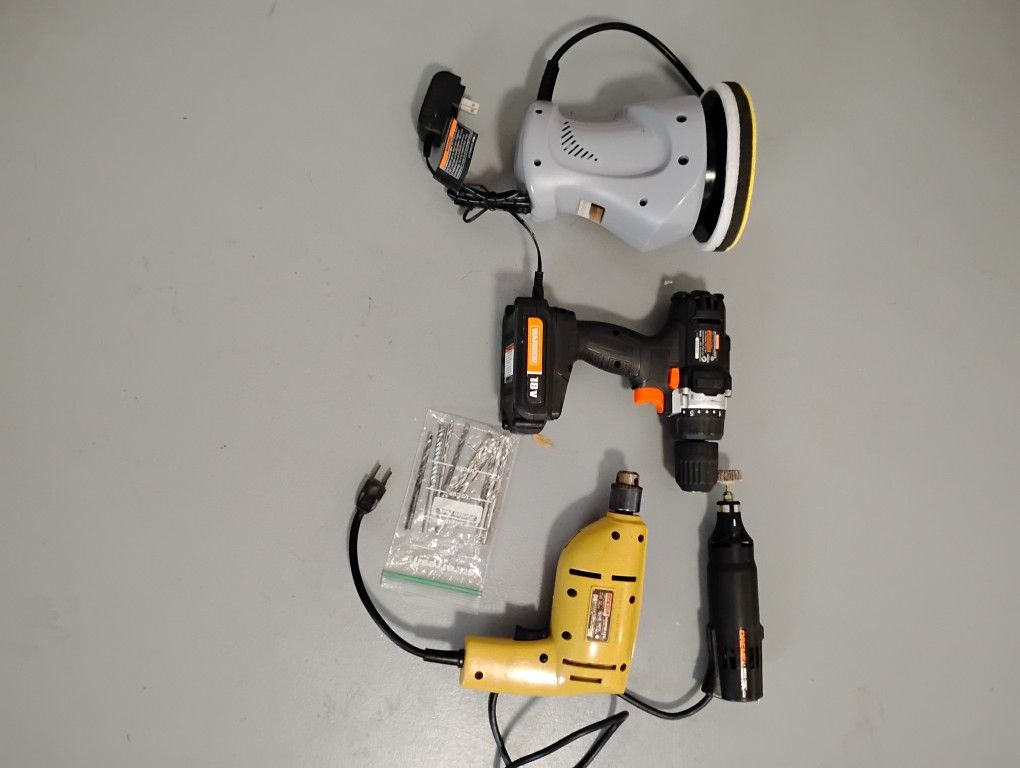 Tools, drills, car polisher, pressure washer