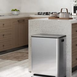 Trash Can, 60L Dual Compartment Recycling Bin with Lid, Stainless Steel Garbage Can with Step Pedal, Soft-Close Stay-Open Lid & Odor Control, 2 Remova