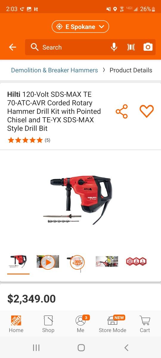 Hilti 120v TE 70 ATC/AVR Corded Rotary Hammer Drill