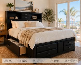 Queen Storage Bed Frame with Drawers & Bookcase Headboard