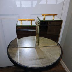 2 Faustina Glass Mirrored Boxes With Brush Gold Handles