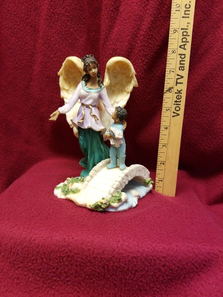Angel With Toddler On Bridge Resin Figurine