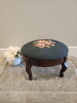 Antique  Queen Anne Style Footstool Needle Point Floral