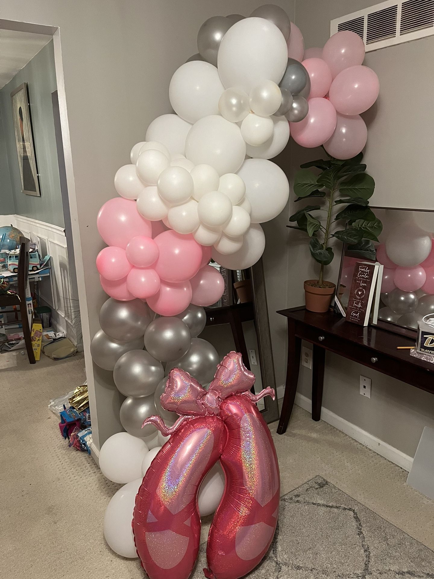 New Pink, White And Silver Balloon Arch