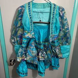 Vintage Handmade 2-Piece Folk Dance Costume Set Turquoise Silver Metallic Tiered Ruffle Skirt Cropped Bolero Jacket