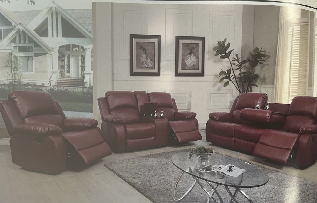 Red Leather Fully Reclining Three Piece Couch Set 