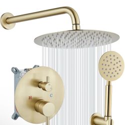 gotonovo Rain Shower System with 10 Inch Round Showerhead and Handheld High Pressure Shower Faucet Set Contain Rough in Valve, Brushed Gold