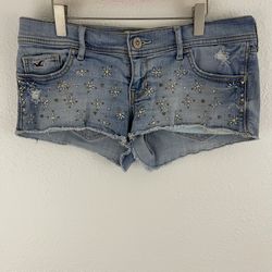 HOLLISTER Y2K Light Wash Denim Daisy Duke Low Rise Beaded Cut Off Short Shorts