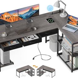 61 Inch L Shaped Computer Desk with Drawers, Corner Desk with Power Outlets & Reversible Storage Shelves, Movable CPU Stand for Home Office Gaming, Oa