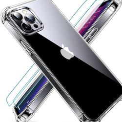 CANSHN Crystal Clear Compatible with iPhone 13 Pro Max Case, [2 x Tempered Glass Screen Protector] [Anti-Yellowing] Shockproof Protective Phone Case 