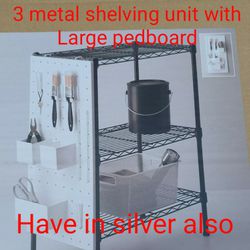 3 Tier Metal Shelving Unit With Peg Board
