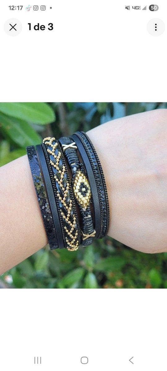 Bohemian Style Mixed Leather Stack Bracelet Black with Magnetic Closure