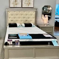 Celandine Silver Upholstered Panel Bedroom Set/ Delivery Available 