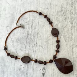 Brown Plastic Beaded Pendant Necklace 