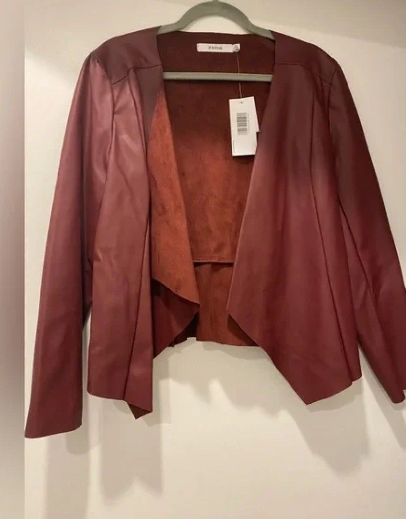 Justfab Maroon Draped Faux Leather Jacket