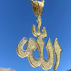 Italy 925 Sterling Silver ALLAH 14K Gold 5X Layered Iced Iced Pendant, Stainless Steel Rope Chain 16”-24” Inches Set
