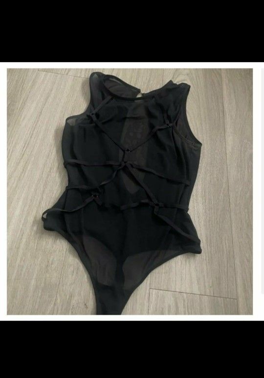 Nasty Gal Collection Sheer Thong Bodysuit Small
