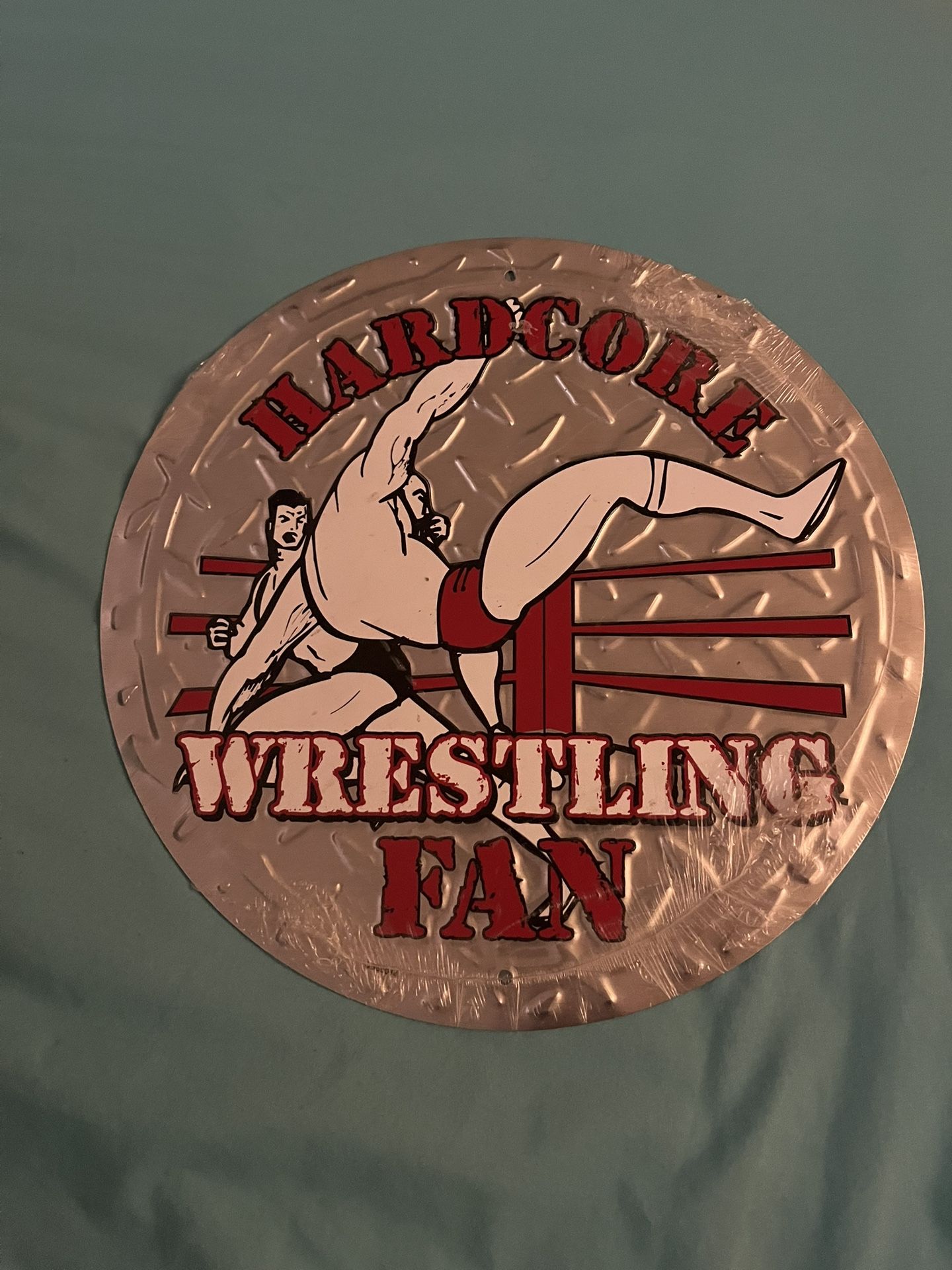 Hardcore Wrestling Fan Sign 12” diameter Metal New Hole For Hanging Vintage