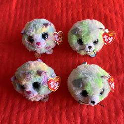 4 Ty Puffies Cat Beanie Balls (2 Evie Cat & 2 Heather Cat) 