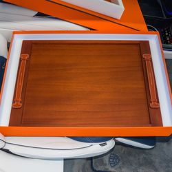 New in box LARGE Hermes Etriviere Tray in Solid Mahogany Wood w: Leather Handles