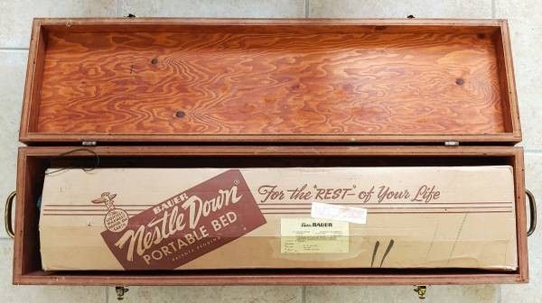 Vintage Eddie Bauer 1959 Nestle Down Folding Camp Bed Cot w/Orig Box/Custom Wood Case