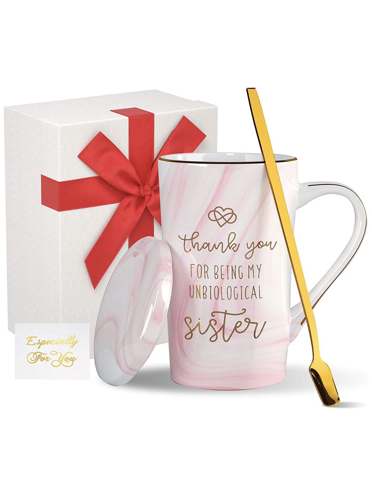 Unbiological Sister Best Friend Sister Mug for Women Ceramic Coffee Mug with Lid and Handle Birthday Ideas Women Sister In Law 14 Oz Novelty Tea Mugs