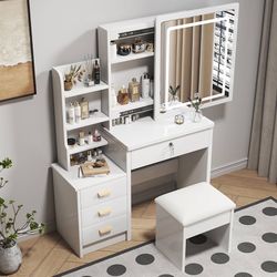 Vanity Set with Lighted Mirror - White Vanity Desk with Hidden Storage Space, 4 Drawers and Shelves, Makeup Table and Stool Set, Modern Mak