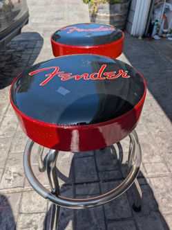 Retro Fender Guitar Round Bar Counter Swivel Stool Black & Red Vinyl Chrome set of 2