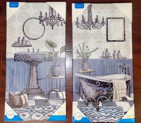 NEW Set of 2 Blinged out canvas Bathroom decor wall picture with sequins 7.87x15.75