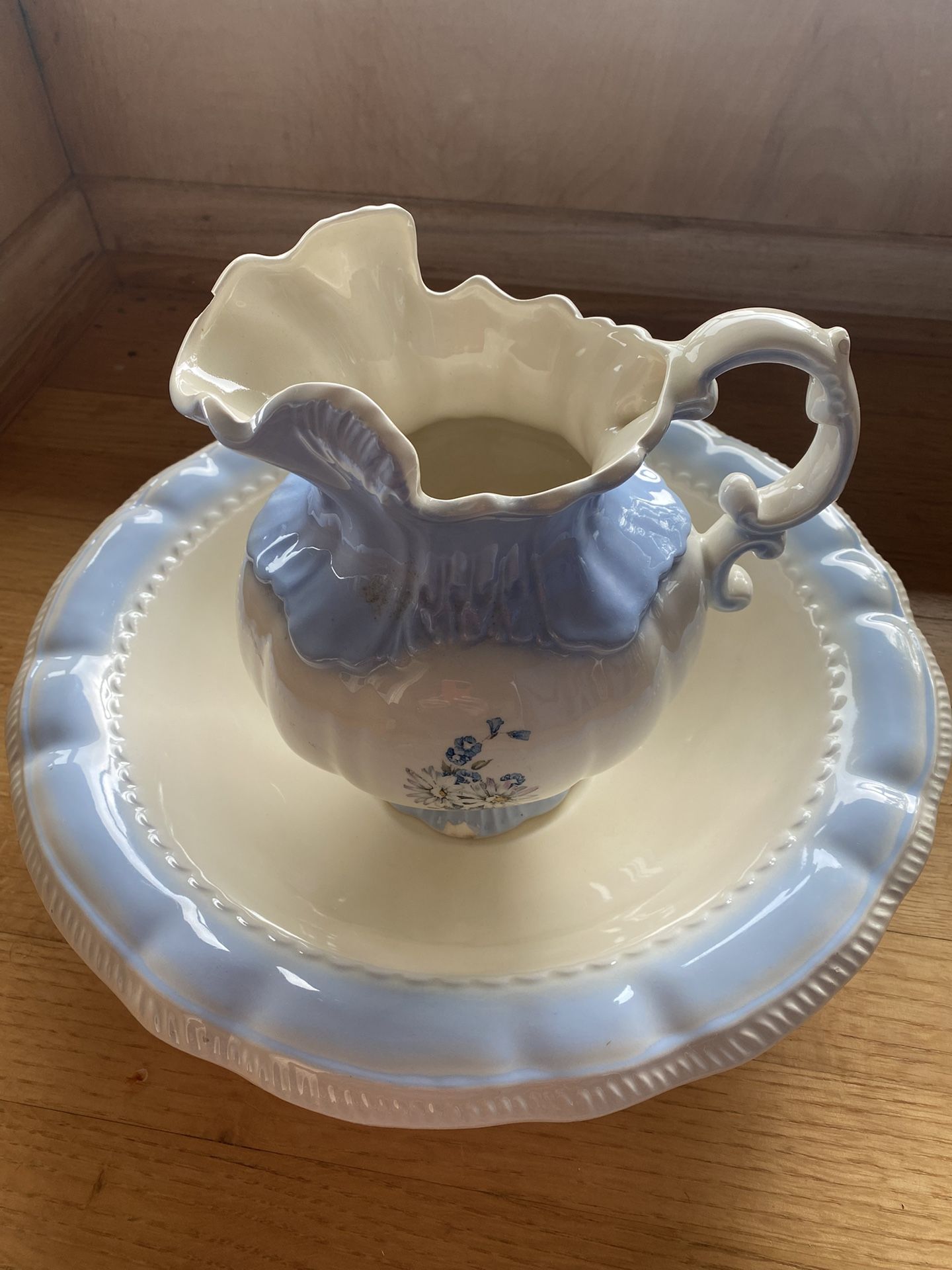 Vintage 1975- Ceramic Wash Basin And Water Pitcher And Bowl -Soft Blue With Flowers - -