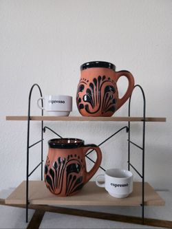 Brown Talavera Style Mug w Motif Hand-Painted Design in Black, Hecho en Mexico