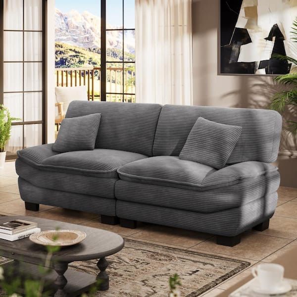87 in. Grey Corduroy Fabric Couch 2-Seats Loveseat with Pillows, Sailboat-Shape Sofa for Living Room Apartment