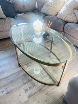Oval Glass Coffee Table with Gold Frame