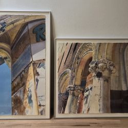 Lisa Tennant (2) Original Watercolor Paintings Framed Architecture 1990s 35x44" Large