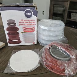 Three In 1 Hamburger Press, Papers And Plastic Containers 