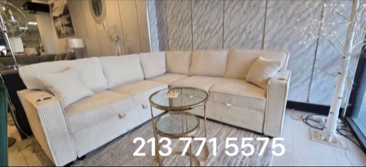 ✅No Tax ✅Elegant 3-Pc Convertible Sectional Sofa W/Pullout Bed, Storage,USB Port, & Cup Holders