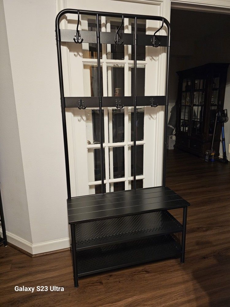 Metal Entryway Hall Tree with Coat Rack, Shoe Bench