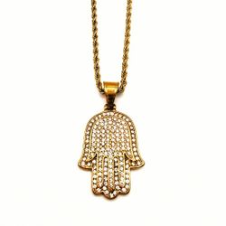 Gold Hamsa Hand Sparkling Pendant Necklace 