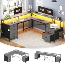 SEDETA L Shaped Computer Desk with 6 Drawer, File Drawer & Power Outlet