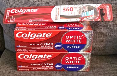 Colgate Oral Care Bundle: Colgate 360 Advanced Optic White Adult Manual Toothbrush, Medium & (2) Colgate Optic White Purple Teeth Whitening Toothpaste