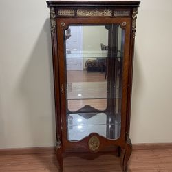 Early 1900s Antique French Curio China Cabinet Vitrine, Lighted, Locking Door Three Shelves w/Marble Top