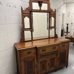 Antique Victorian Sideboard - Carved Tiger Oak with Mirror