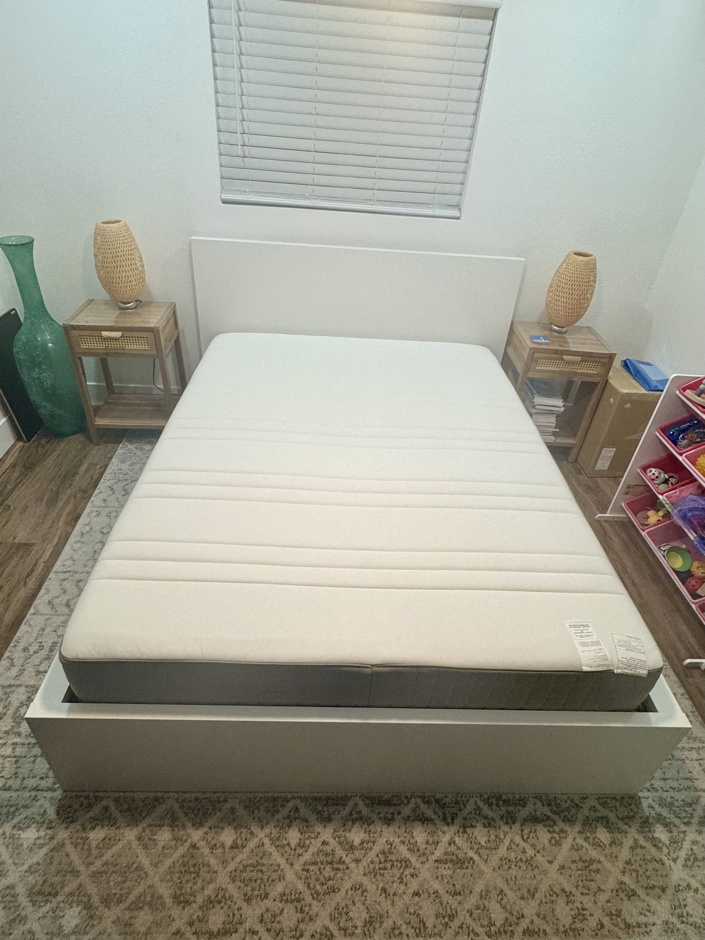 IKEA MALM Queen Bed Frame & Mattress - High bed frame & 4 storage boxes