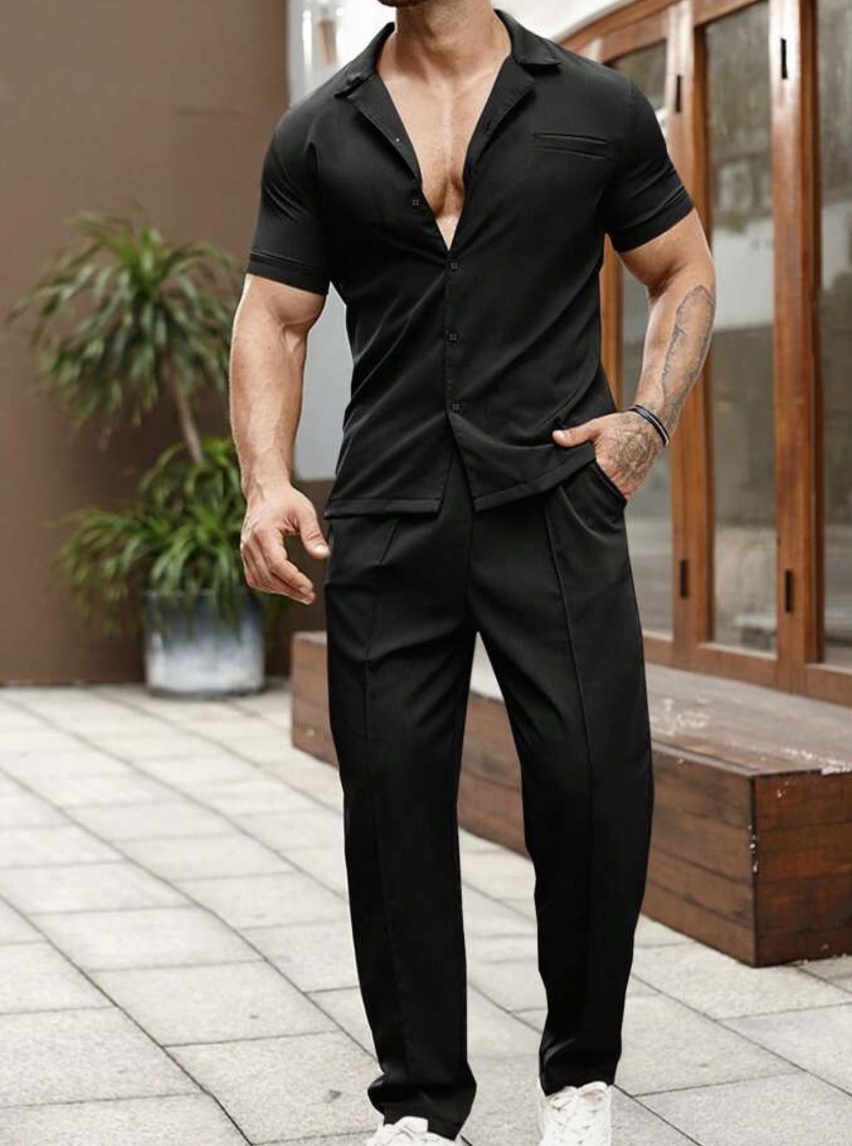 SHEIN Manfinity Homme Solid Button Up + Long Pants Set Size Large